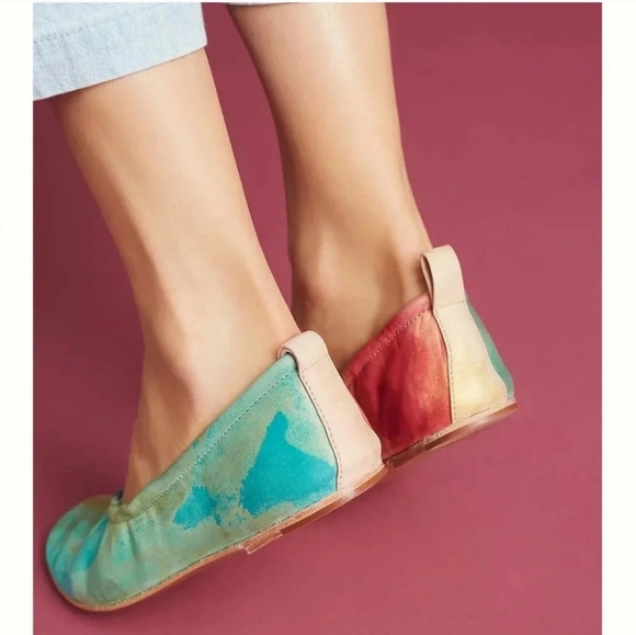 Anthropologie Jasper & Jeera Metallic Watercolor, Leather Flats Size 38 - Picture 2 of 11